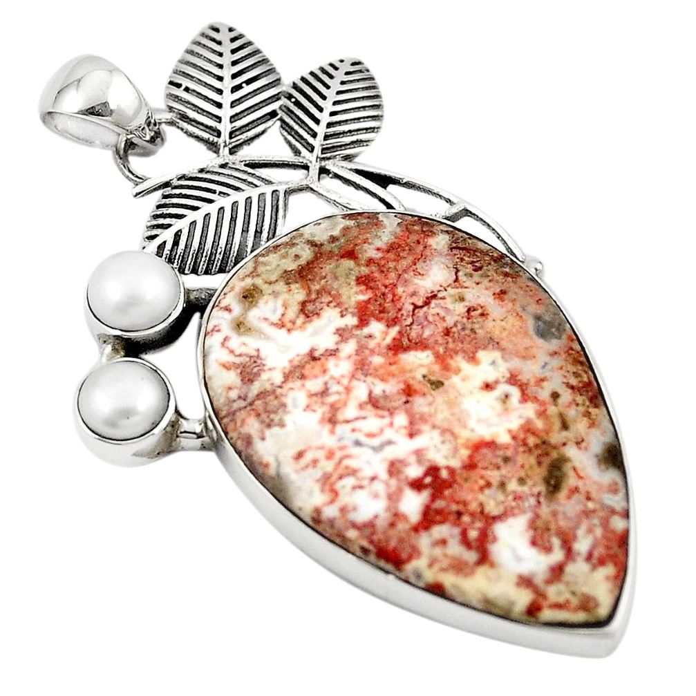 Natural pink rosetta stone jasper white pearl 925 sterling silver pendant m25979