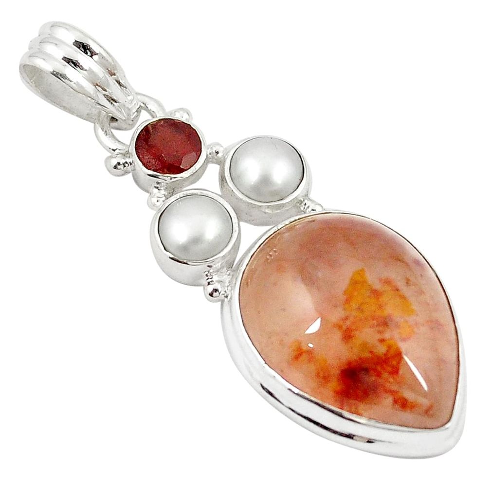 Natural orange blood quartz garnet pearl 925 sterling silver pendant m27469