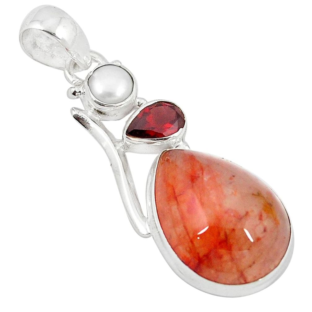 925 sterling silver natural orange blood quartz garnet pearl pendant m27480