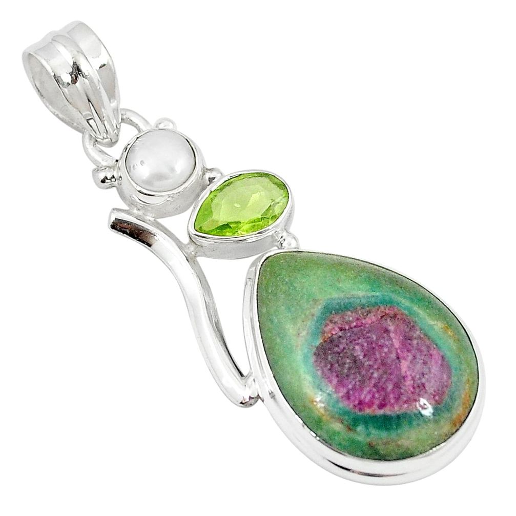 Natural pink ruby in fuchsite peridot pearl 925 sterling silver pendant m27500