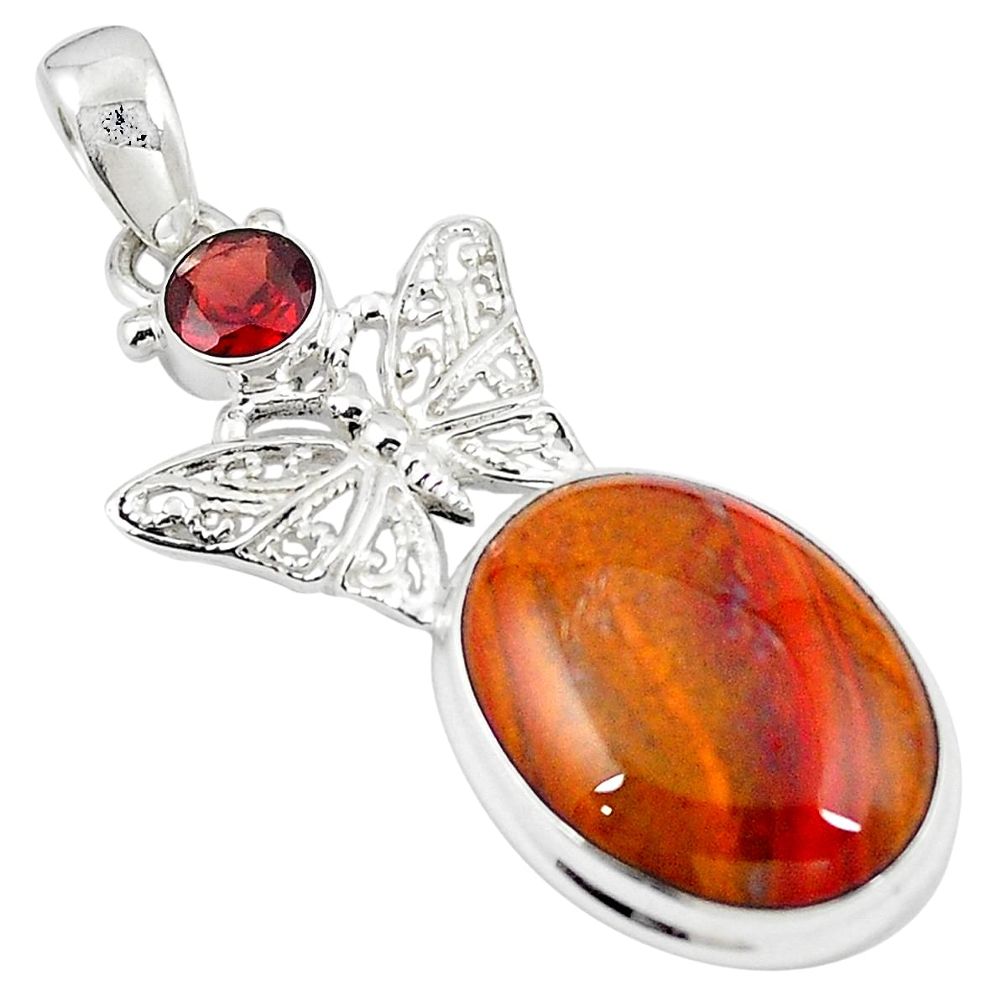 Natural brown vaquilla agate oval red garnet 925 silver butterfly pendant m28148