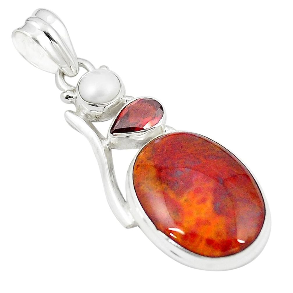 Natural brown vaquilla agate red garnet 925 sterling silver pendant m28151