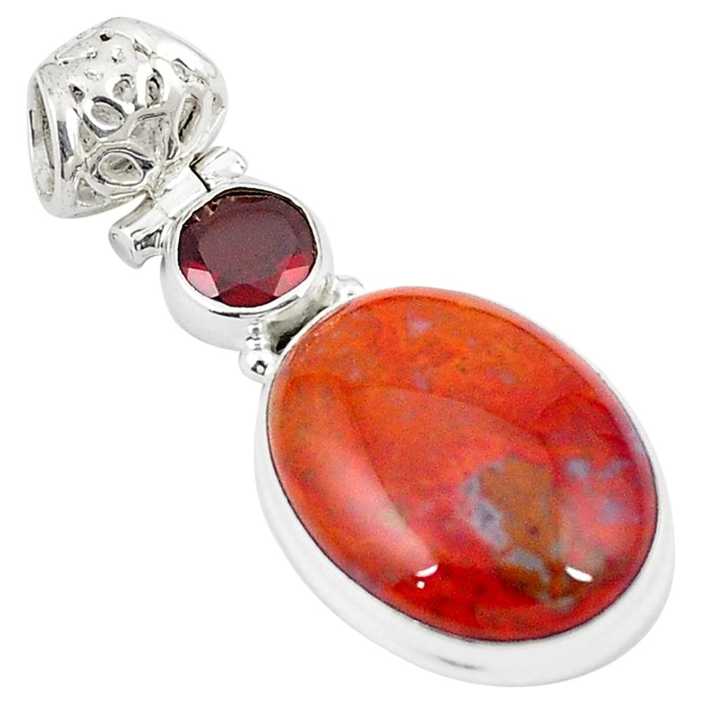 Natural brown vaquilla agate red garnet 925 sterling silver pendant m28156