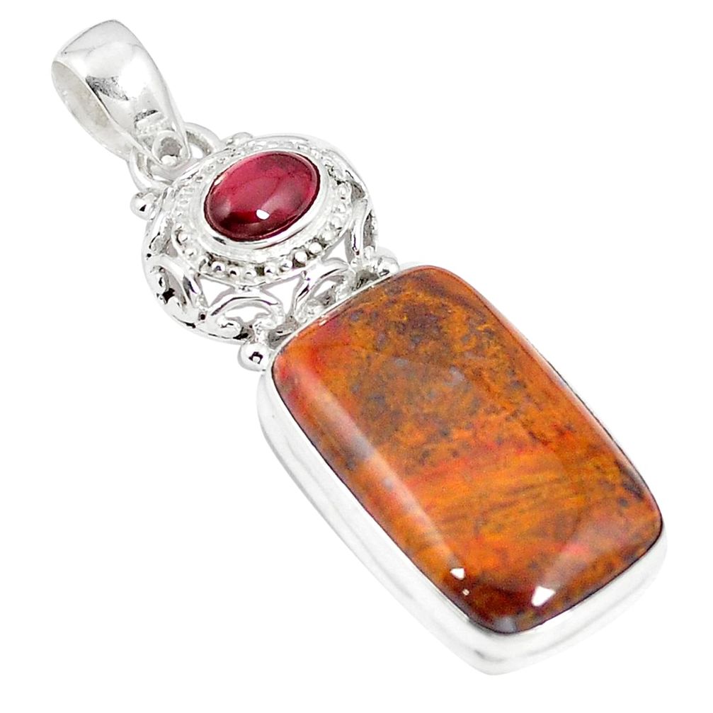 Natural brown vaquilla agate red garnet 925 sterling silver pendant m28165