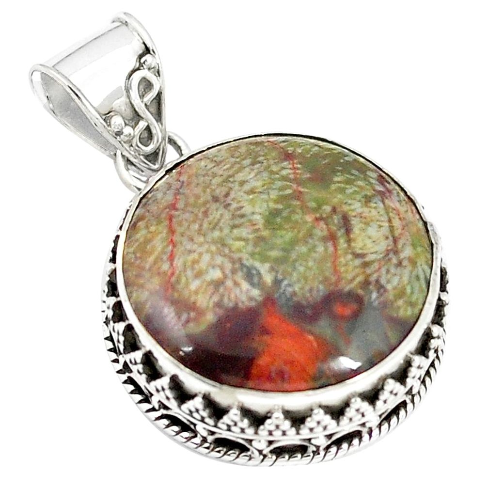 Natural brown mushroom rhyolite round 925 sterling silver pendant m28175