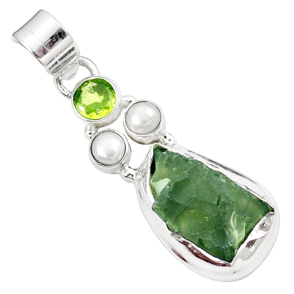 925 silver natural green moldavite (genuine czech) peridot pearl pendant m28964