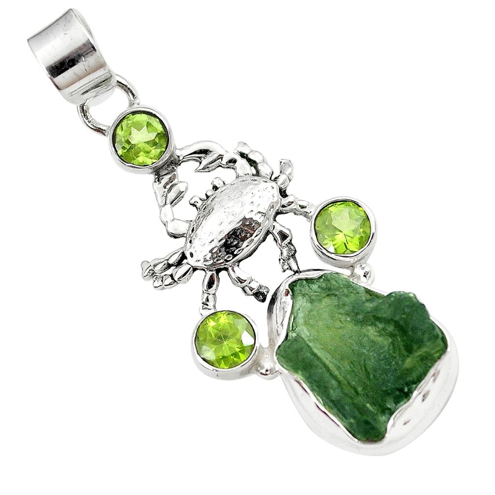 Natural green moldavite (genuine czech) 925 silver crab pendant jewelry m28975