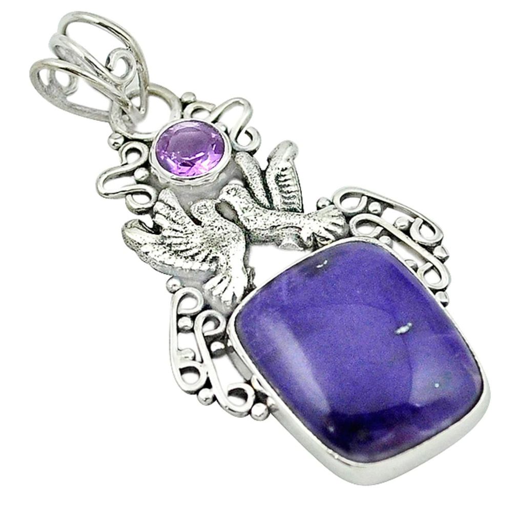 Natural purple charoite (siberian) 925 silver love birds pendant m2898