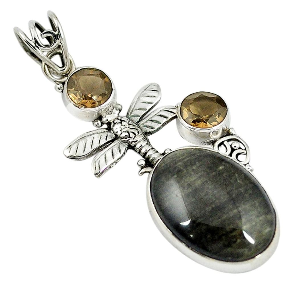 Natural golden sheen black obsidian 925 silver dragonfly pendant m3046