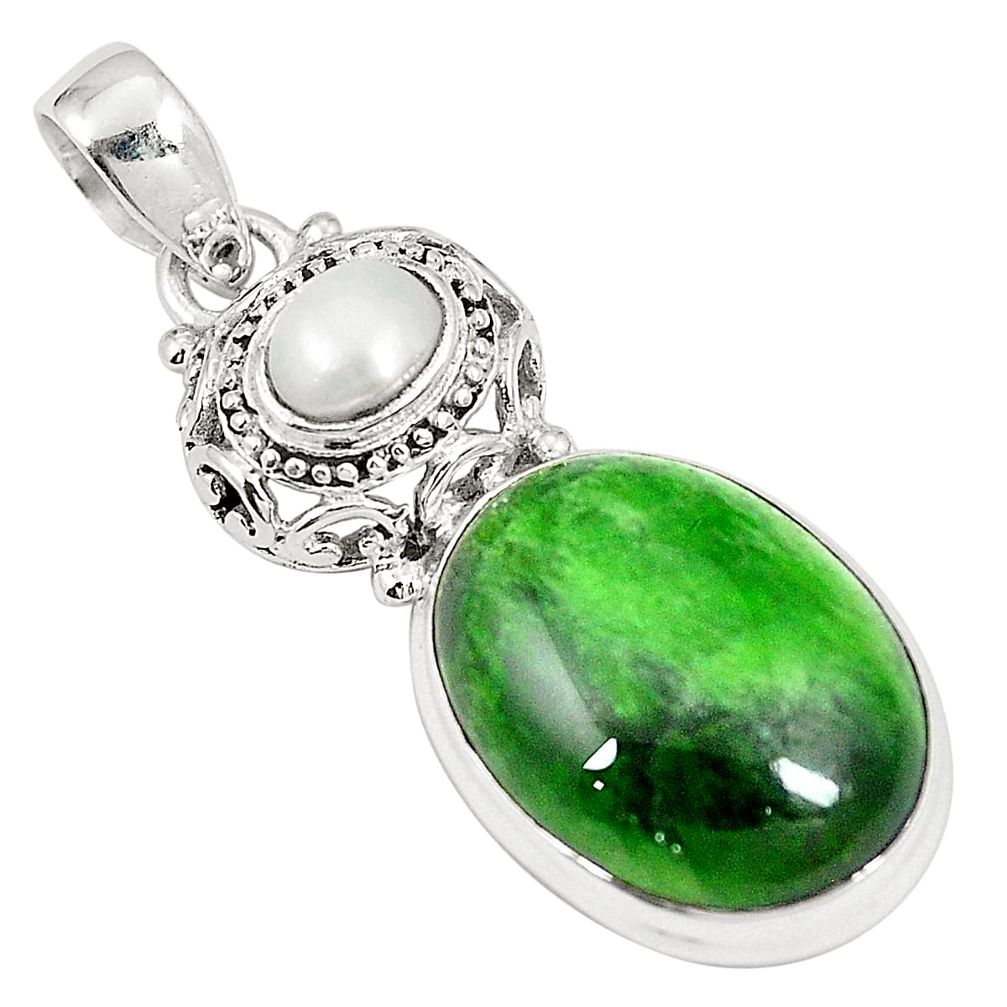 Natural green chrome diopside white pearl 925 sterling silver pendant m30527