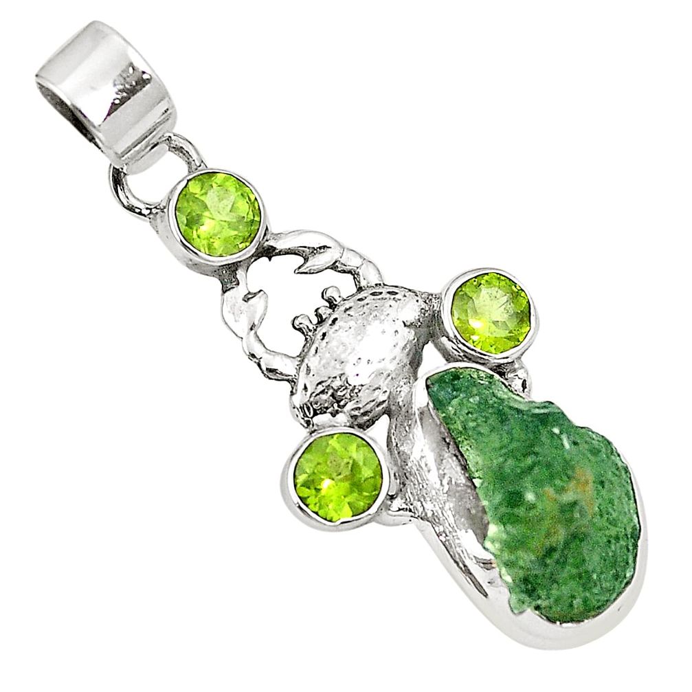 Natural green moldavite (genuine czech) peridot 925 silver crab pendant m30603