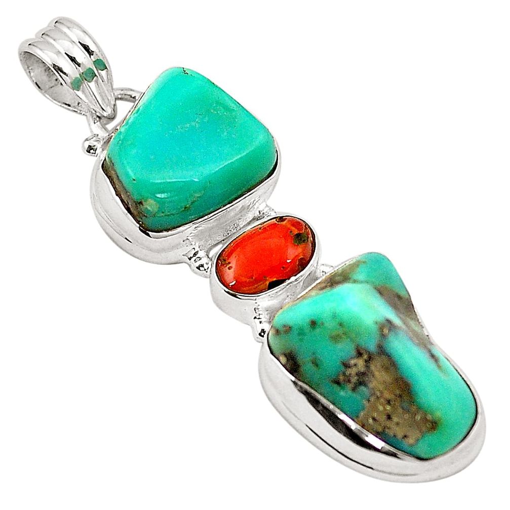 Natural green turquoise tibetan red coral 925 silver pendant m30813