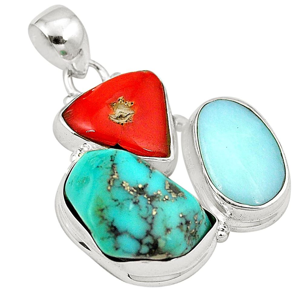 Natural green turquoise tibetan red coral 925 silver pendant m30826