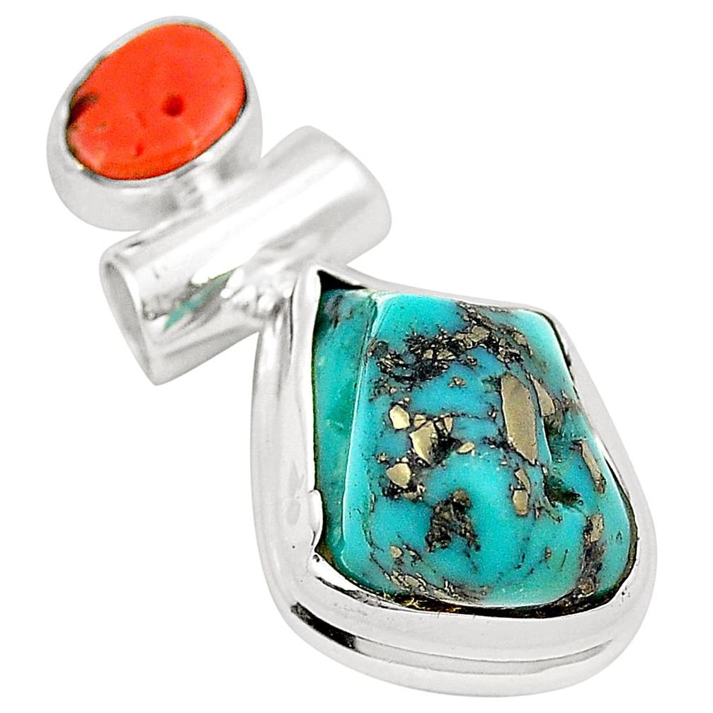 Natural green turquoise tibetan red coral 925 silver pendant jewelry m30841