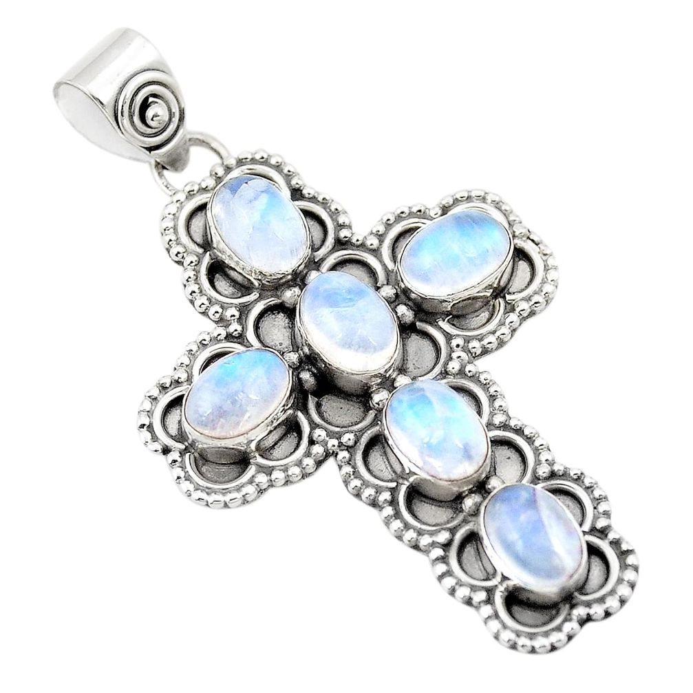Natural rainbow moonstone 925 sterling silver holy cross pendant m31226