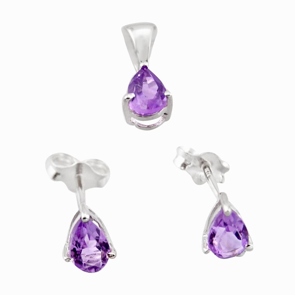1.50cts natural purple amethyst pear 925 sterling silver pendant earrings set