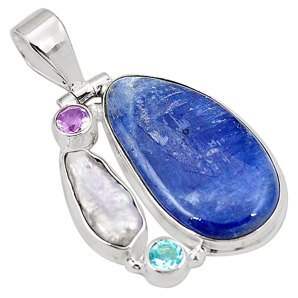 19.72cts natural blue kyanite moonstone 925 sterling silver pendant m31604
