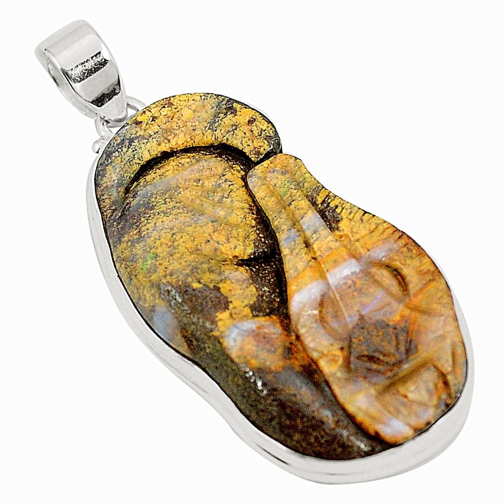 Natural brown boulder opal carving 925 sterling silver pendant m32136