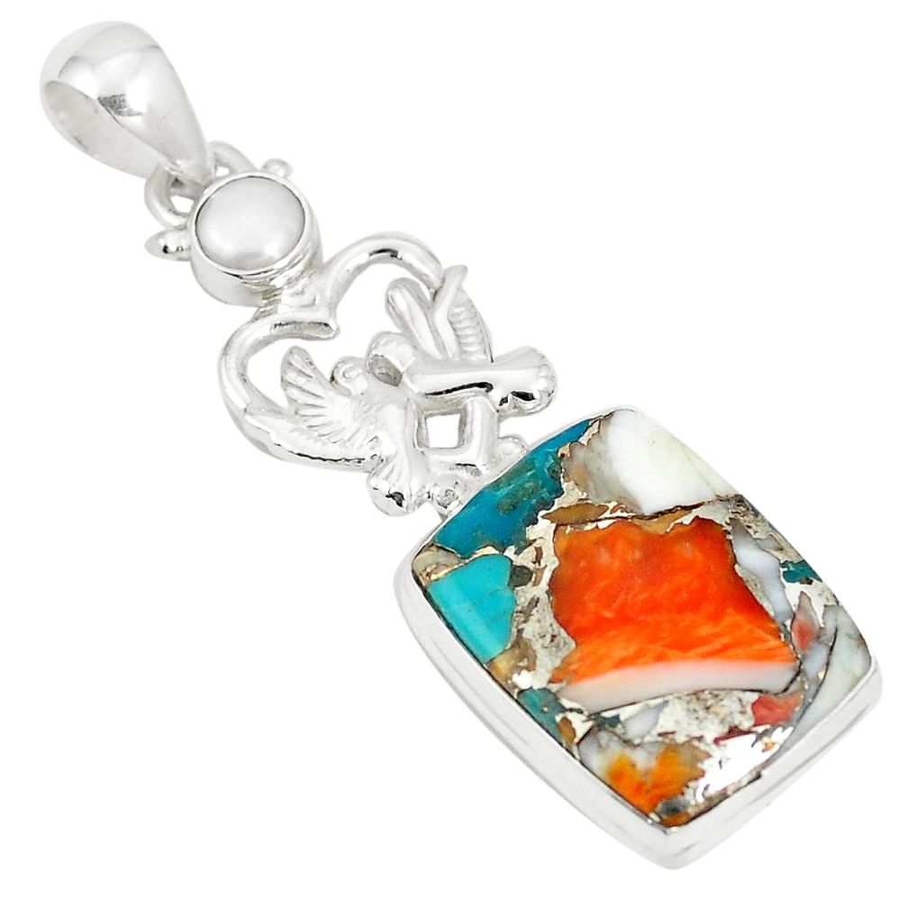 Multi color spiny oyster arizona turquoise 925 silver love birds pendant m34426