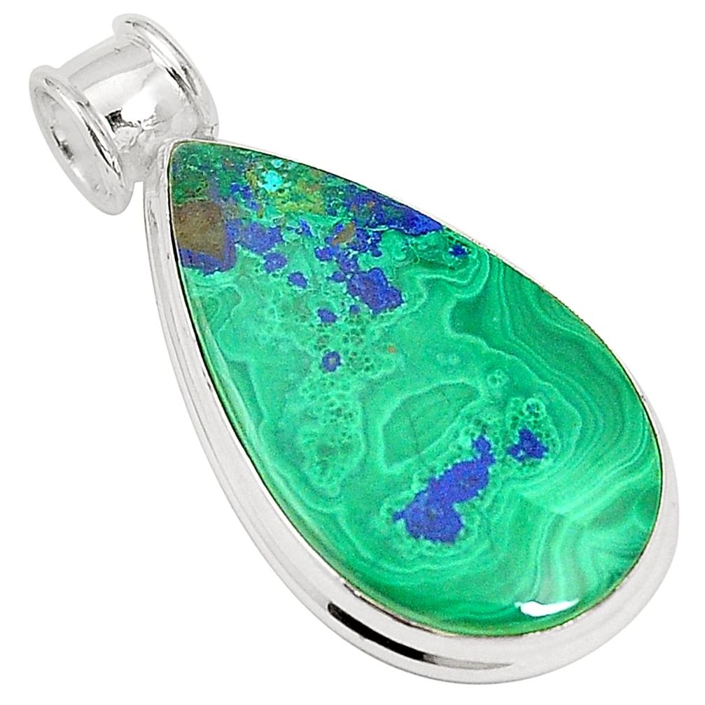 Natural green malachite in azurite pear 925 sterling silver pendant m34533