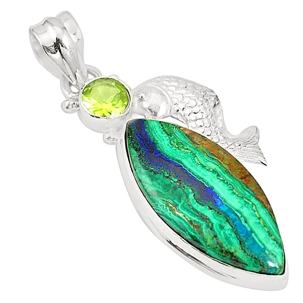 Natural green azurite malachite peridot 925 silver fish pendant jewelry m34646