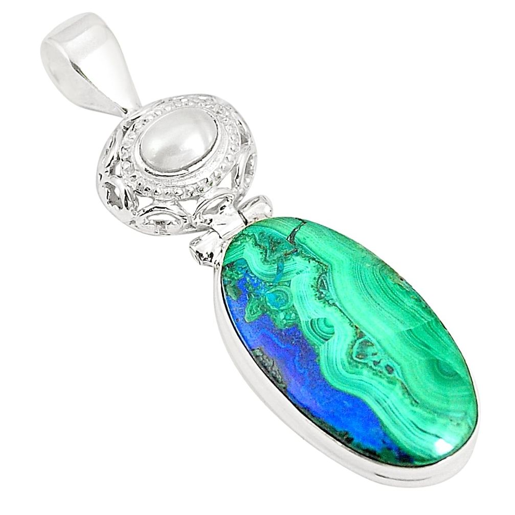 Natural green azurite malachite white pearl 925 silver pendant jewelry m34649