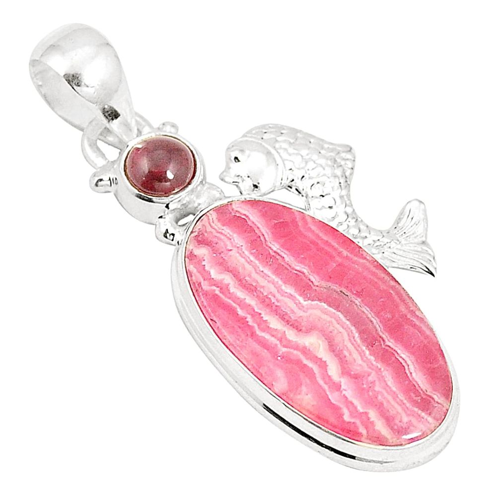 Natural pink rhodochrosite inca rose (argentina) 925 silver fish pendant m34686