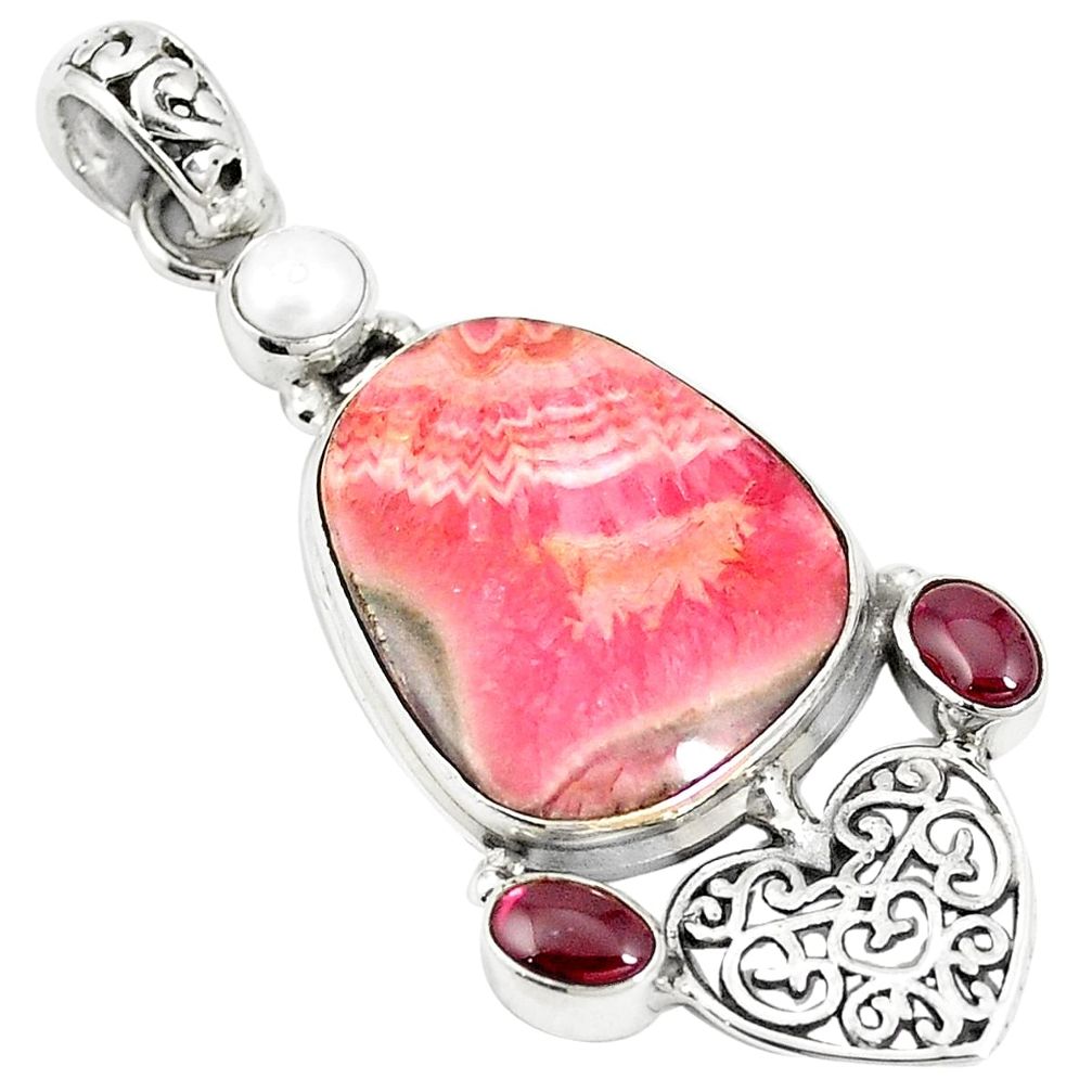 Natural pink rhodochrosite inca rose 925 silver heart pendant m34702