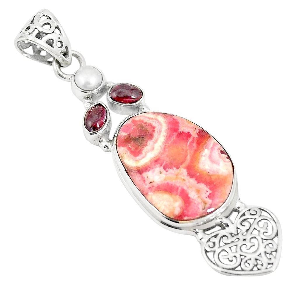 Natural pink rhodochrosite inca rose 925 silver heart pendant jewelry m34705