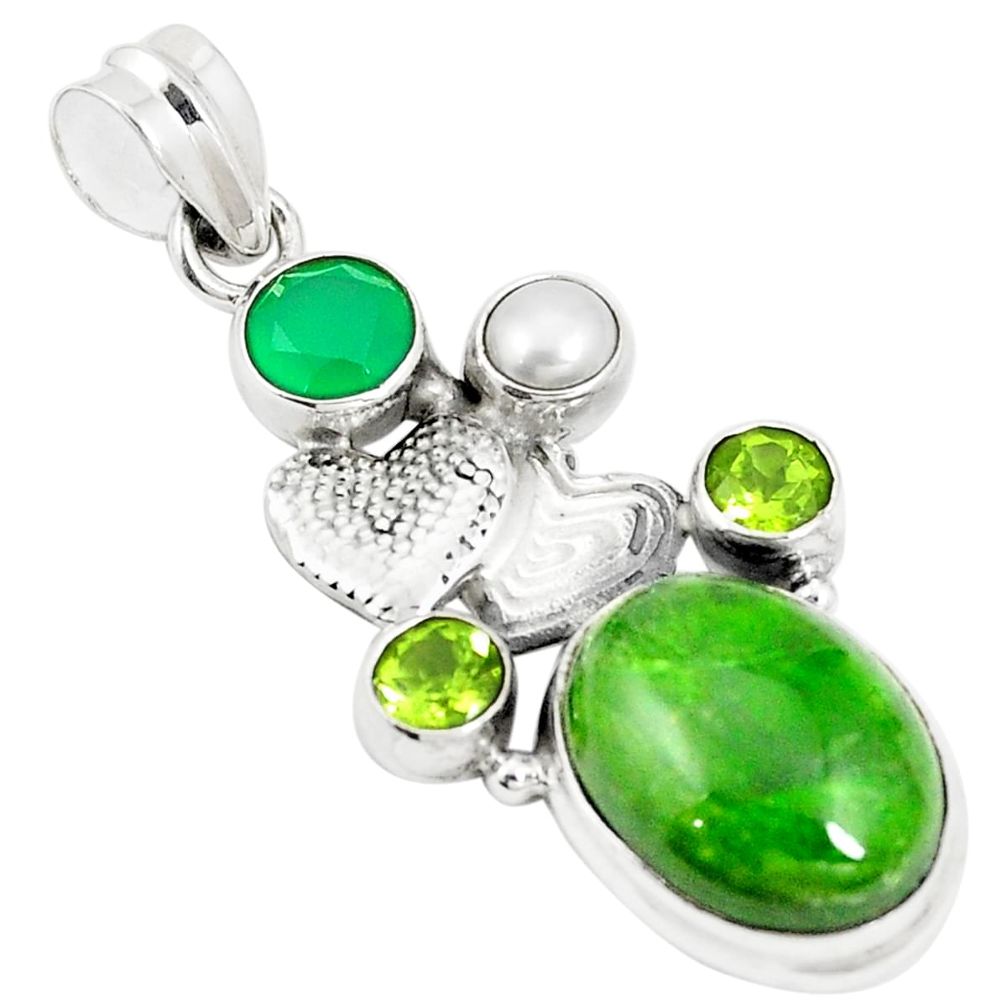 Natural green chrome diopside pearl 925 silver couple hearts pendant m34743