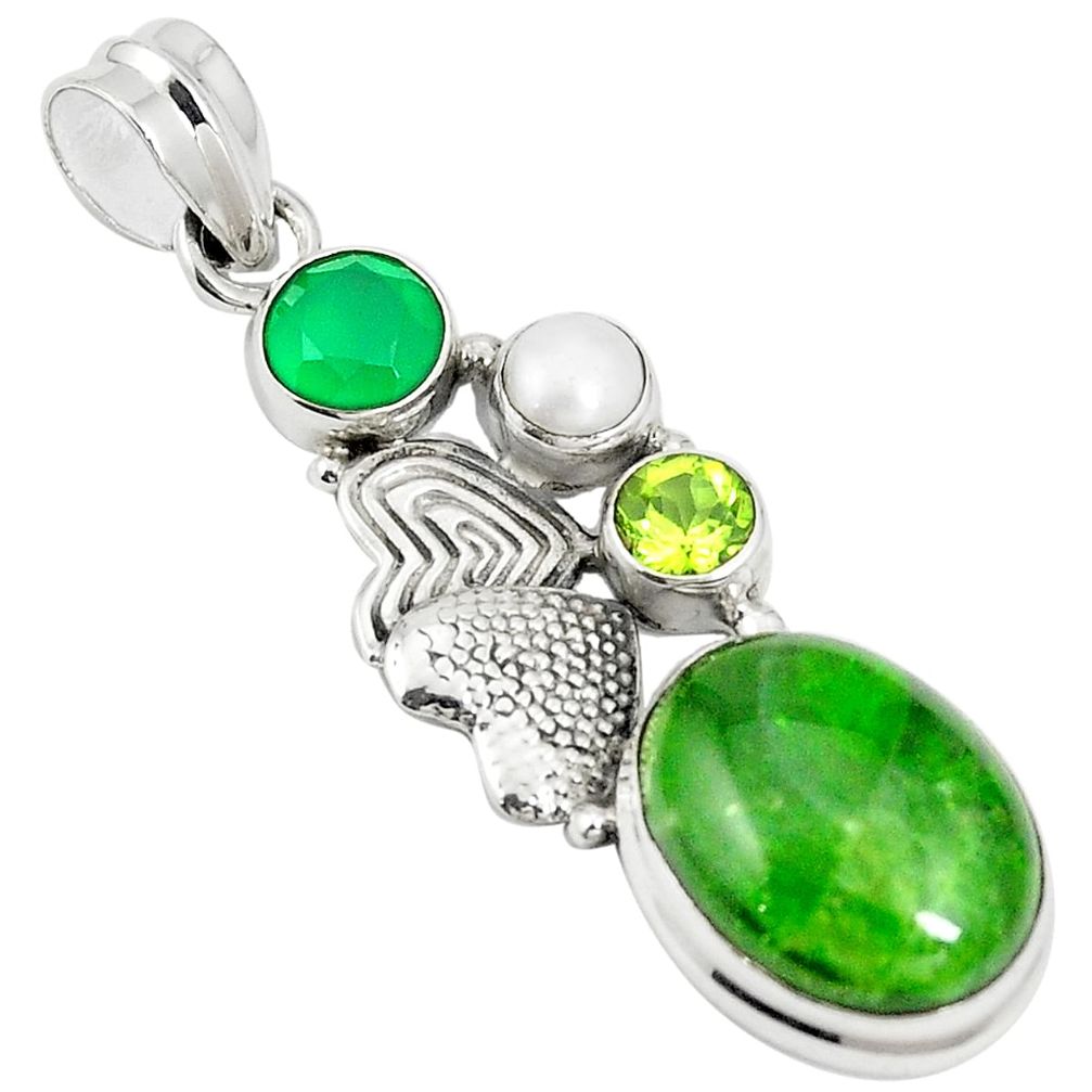 Natural green chrome diopside pearl 925 silver couple hearts pendant m34749