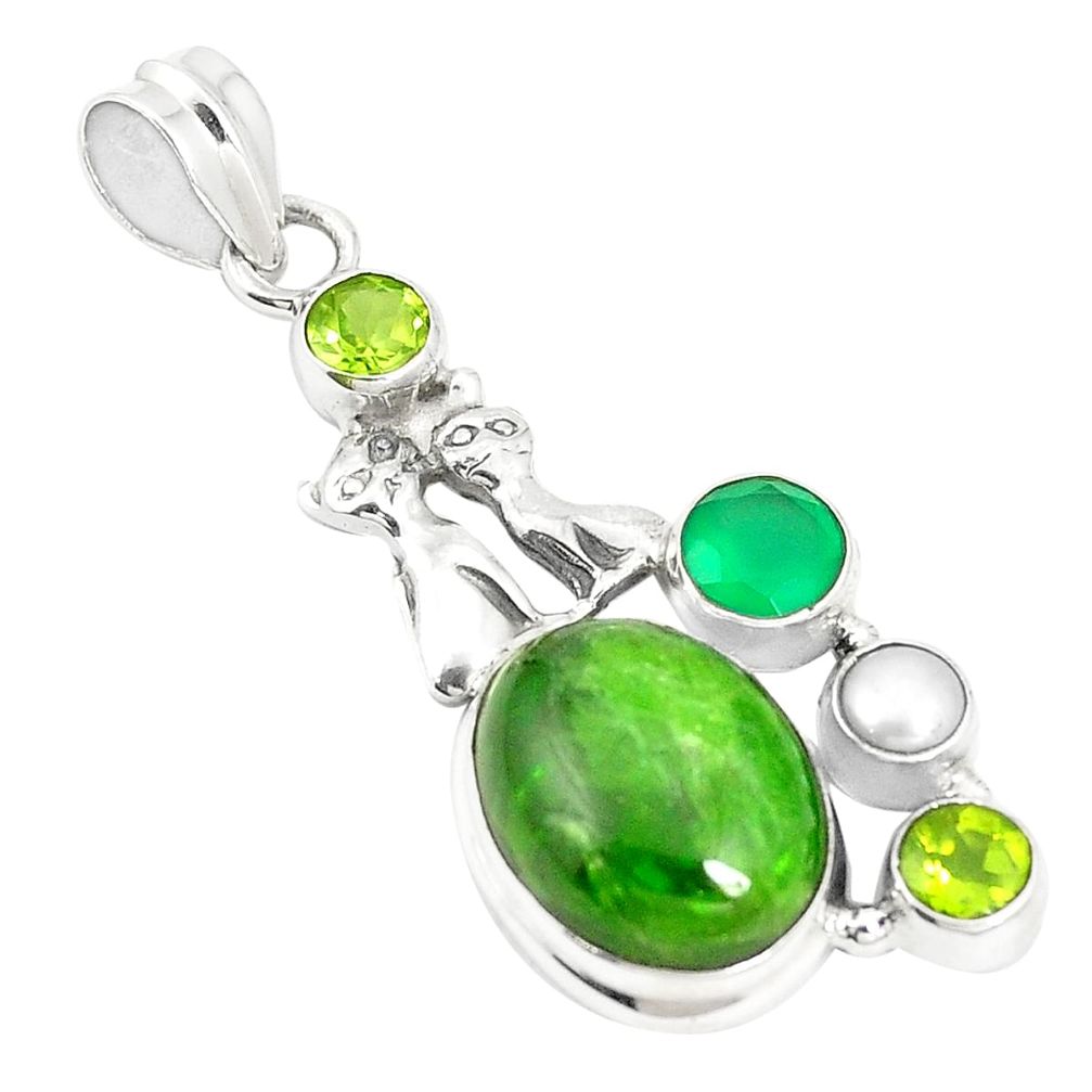 Natural green chrome diopside 925 silver two cats pendant jewelry m34752