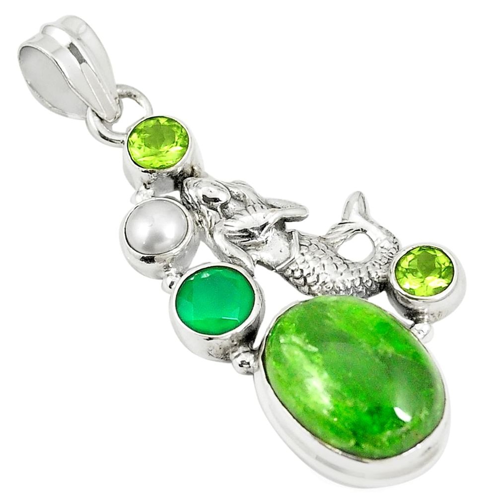 Natural green chrome diopside pearl 925 silver fairy mermaid pendant m34757