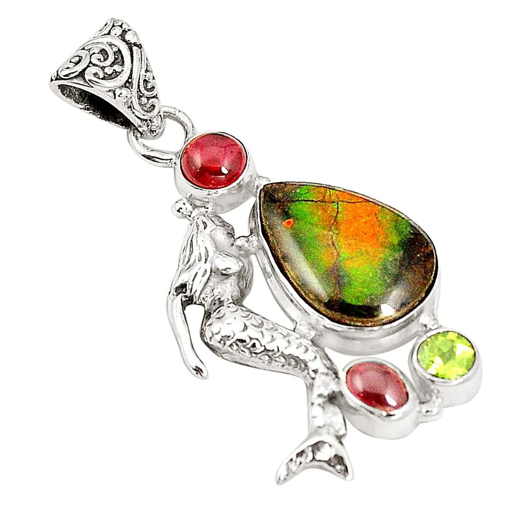 Natural multi color ammolite (canadian) 925 silver fairy mermaid pendant m34762