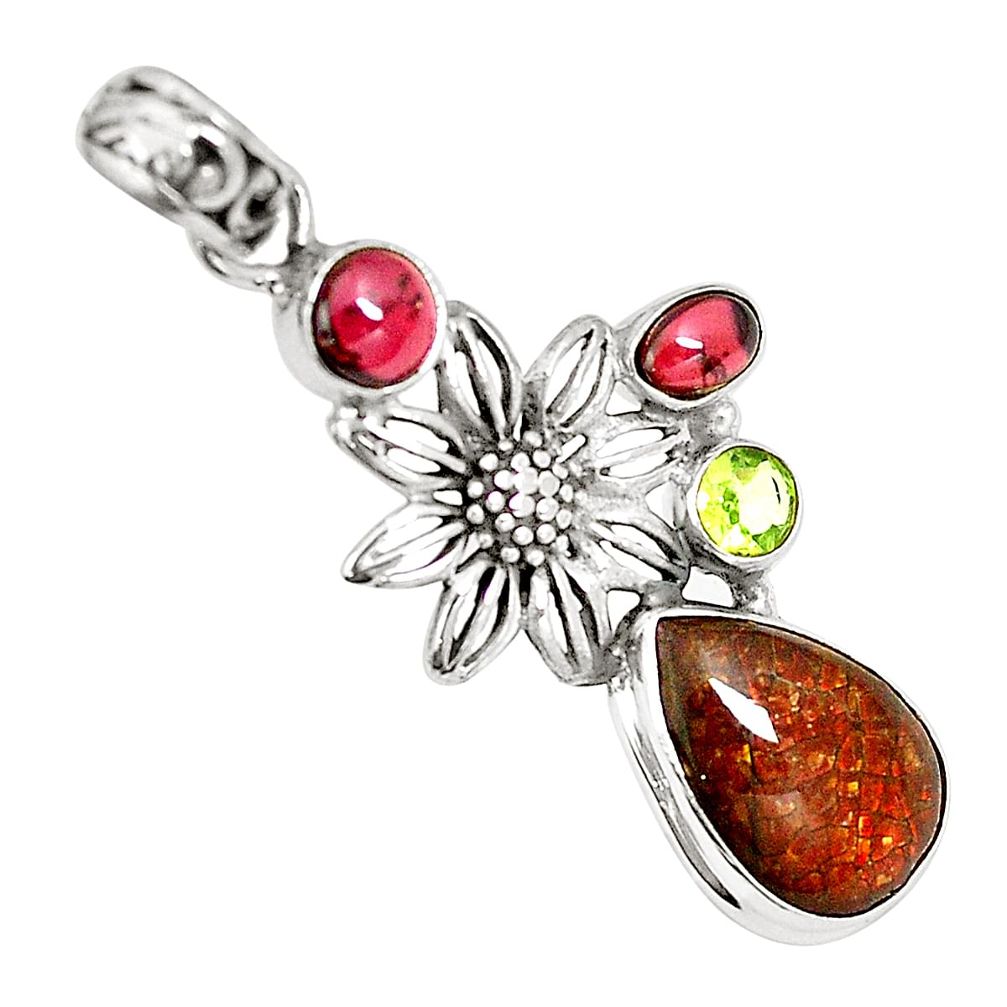 Natural multi color ammolite (canadian) 925 silver flower pendant m34768