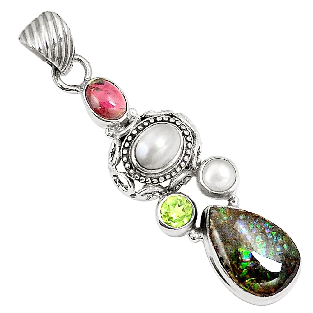 Natural multi color ammolite (canadian) garnet pearl 925 silver pendant m34773