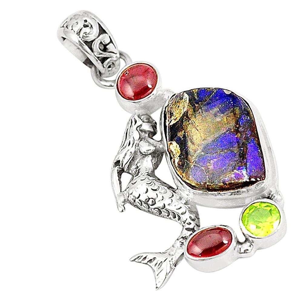 Natural multi color ammolite (canadian) 925 silver fairy mermaid pendant m34778