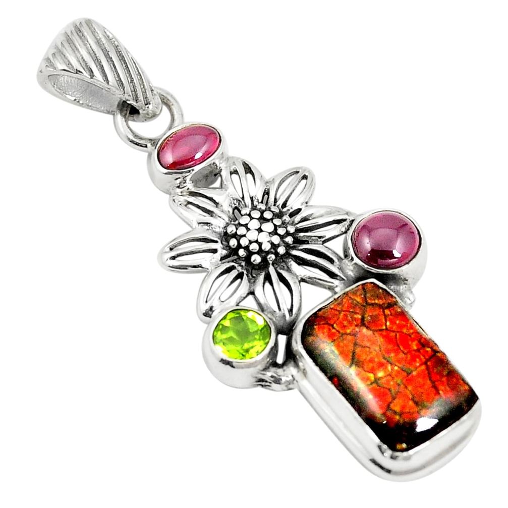 Natural multi color ammolite (canadian) 925 silver flower pendant m34782