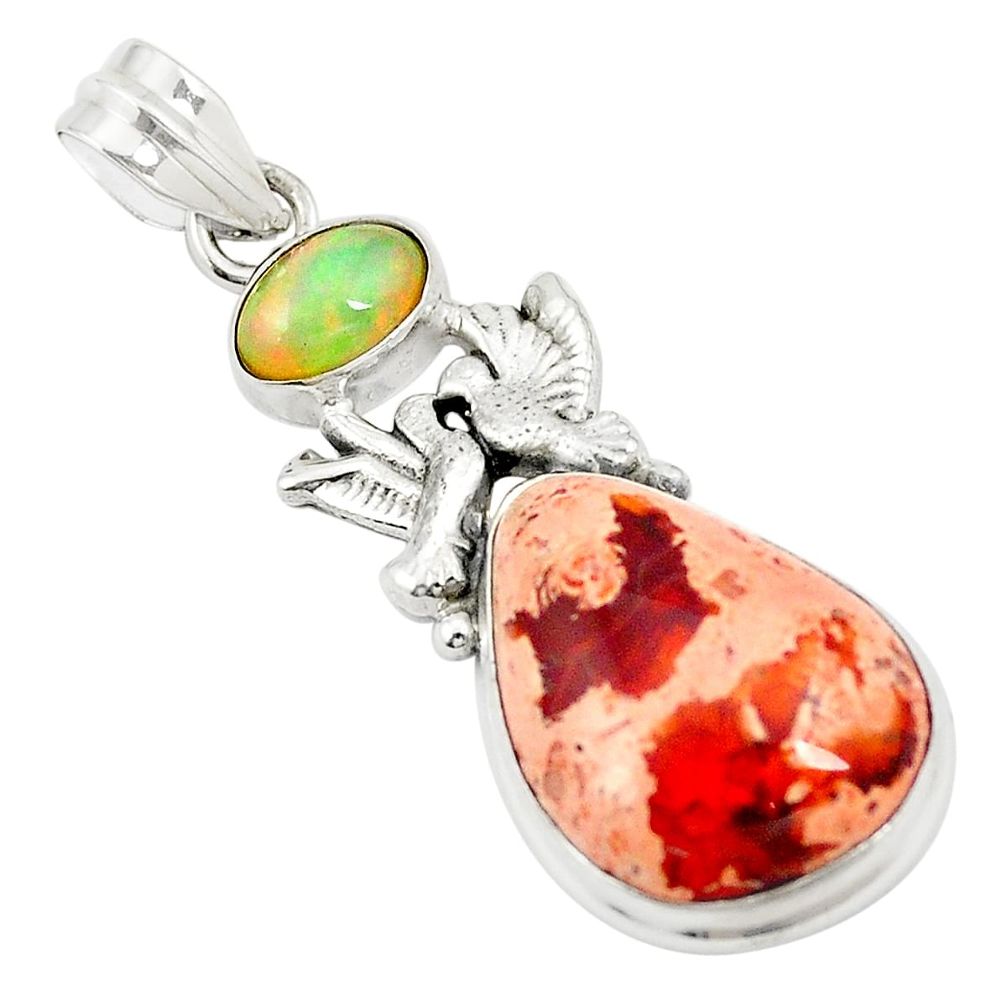 Natural multi color mexican fire opal 925 silver love birds pendant m34945