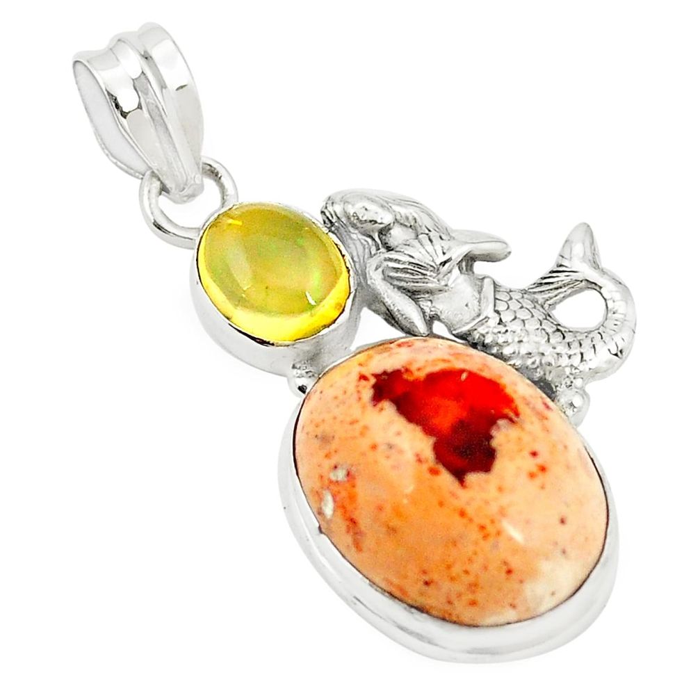 Natural multi color mexican fire opal 925 silver fairy mermaid pendant m34952