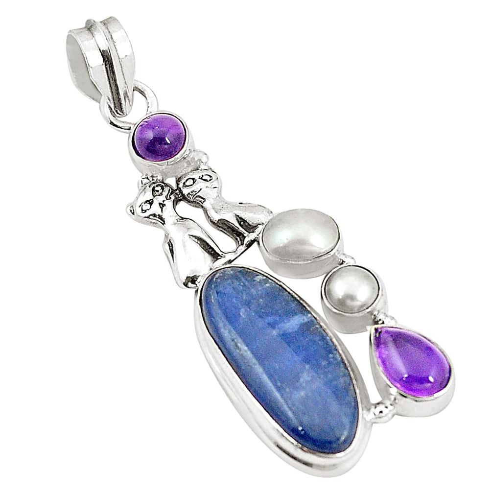 Natural blue kyanite amethyst pearl 925 silver two cats pendant m34963