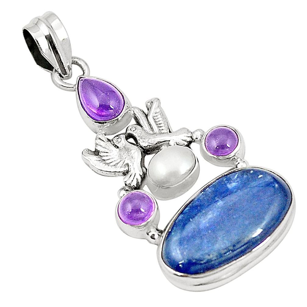 925 silver natural blue kyanite amethyst pearl love birds pendant m34977