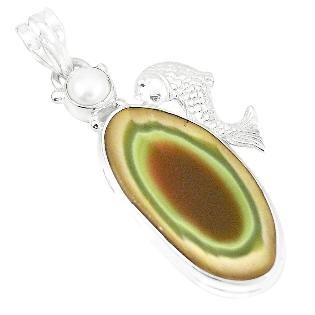 Natural green imperial jasper pearl 925 silver fish pendant jewelry m35231