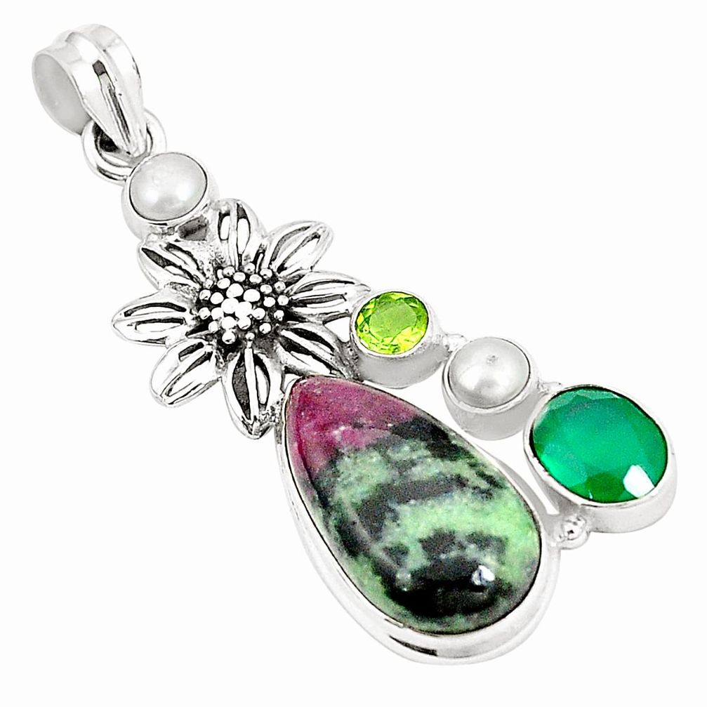 Natural pink ruby zoisite emerald pearl 925 sterling silver pendant m35254