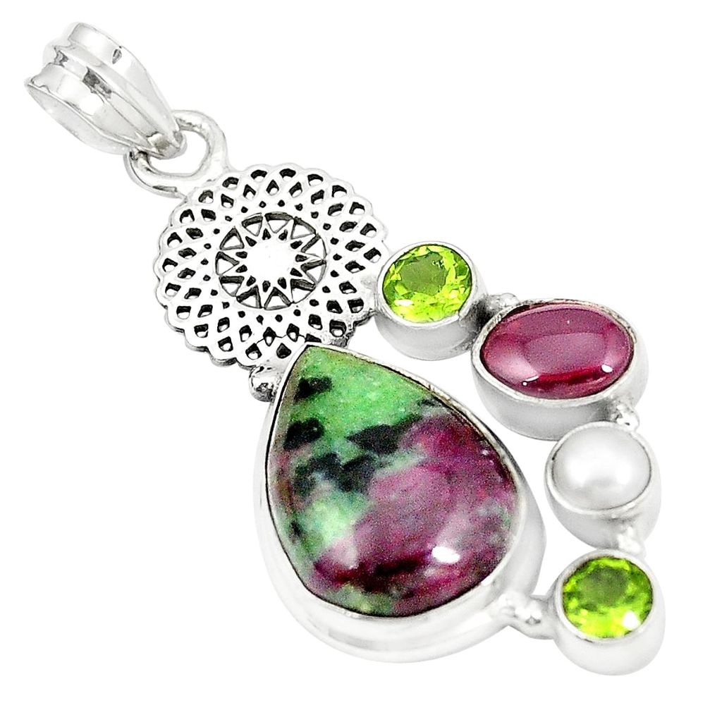 Natural pink ruby zoisite garnet pearl 925 sterling silver pendant m35261