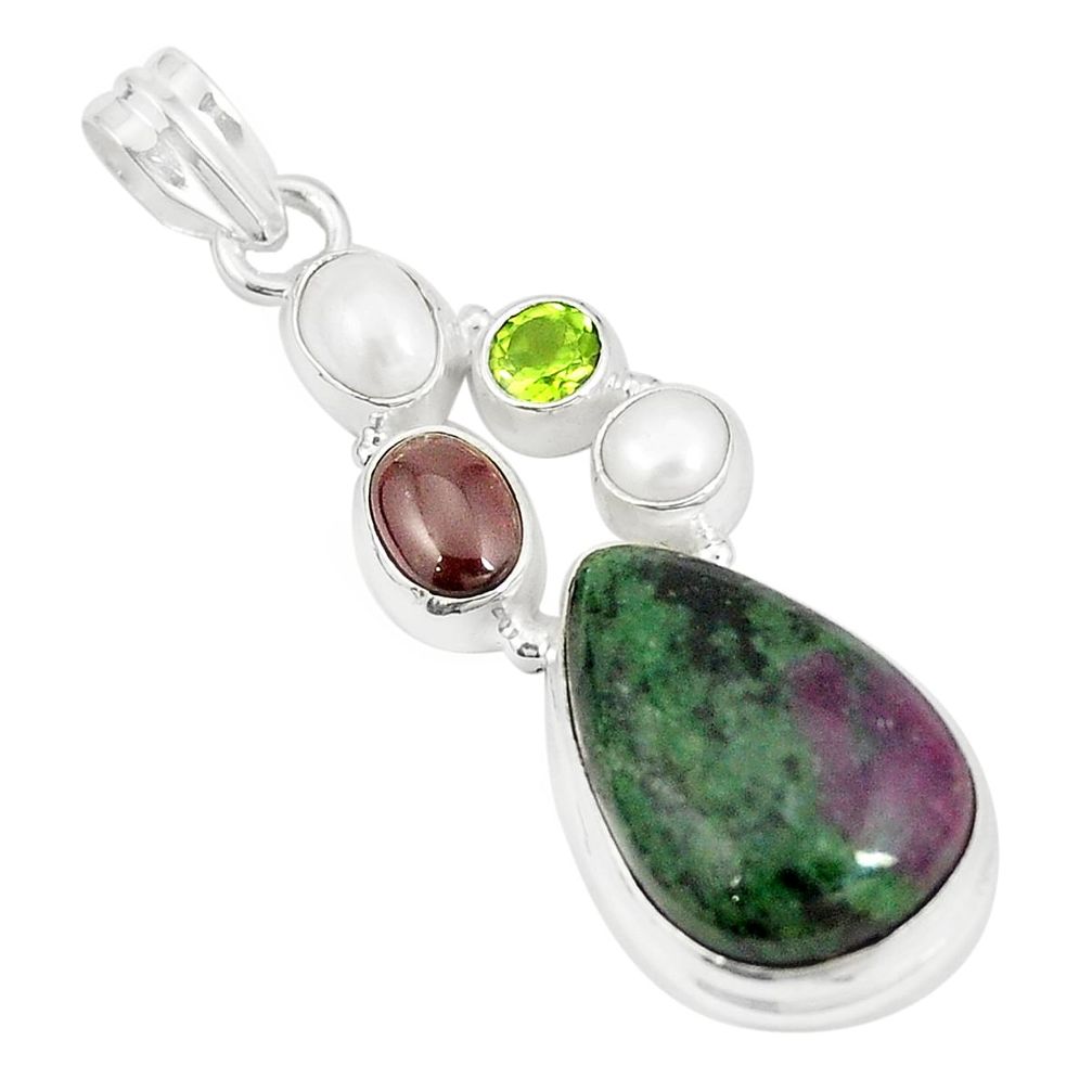 Natural pink ruby zoisite garnet pearl 925 sterling silver pendant m35272