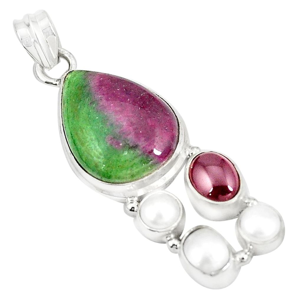 925 sterling silver natural pink ruby zoisite garnet pearl pendant m35279