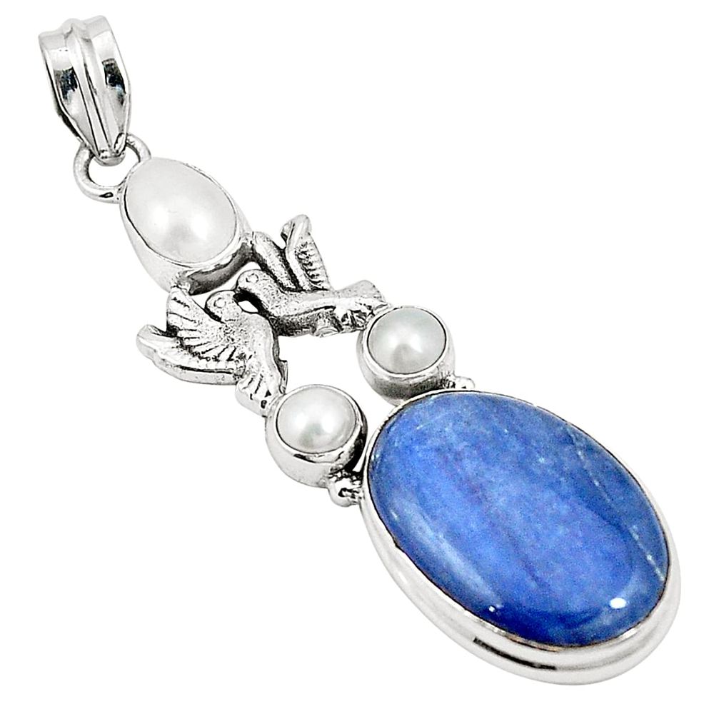 Natural blue kyanite pearl 925 sterling silver love birds pendant m36153