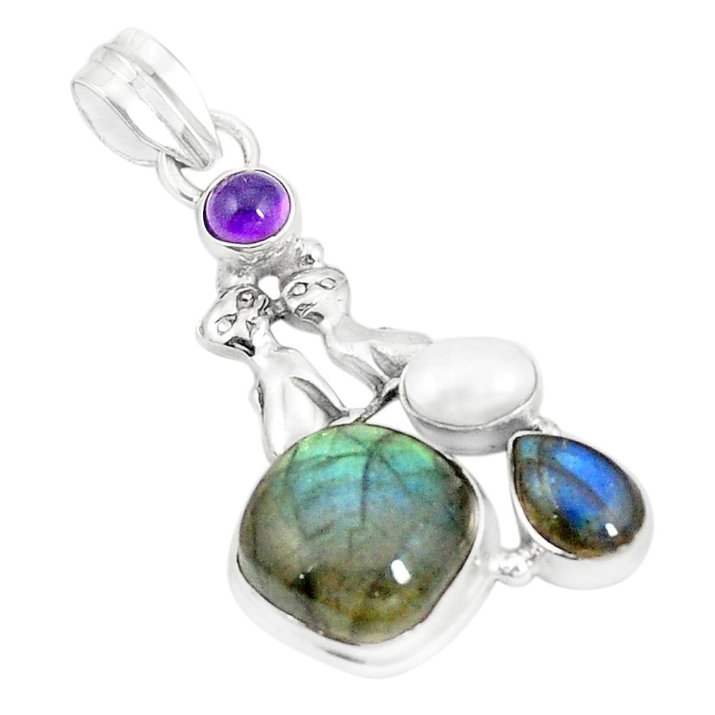 Natural blue labradorite amethyst pearl 925 silver two cats pendant m36607