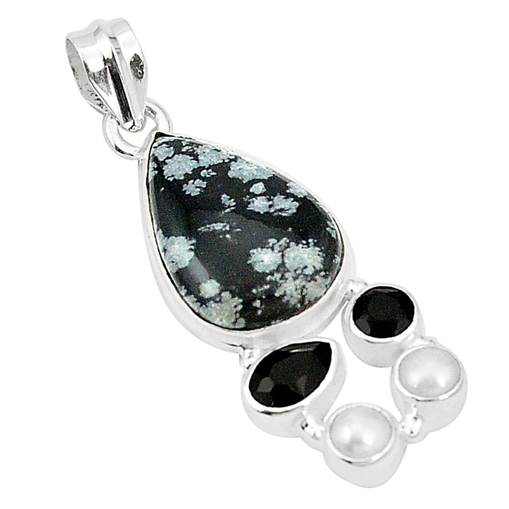 Natural black australian obsidian onyx pearl 925 silver pendant m36633